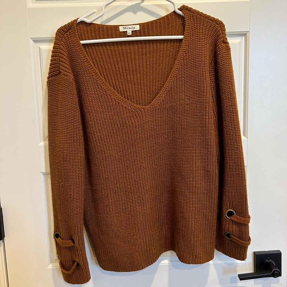 Miracle USA V Neck Grommet Sleeve Pumpkin Spice Sweater Size M/L